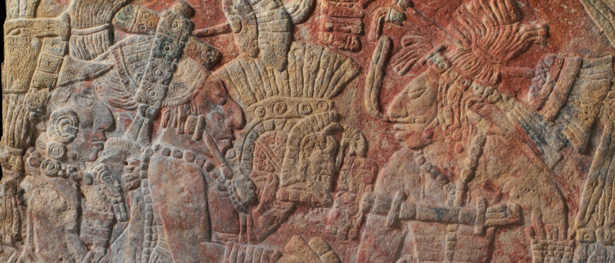 Chakalte’, Relief with Enthroned Ruler, late 8th century (Classic Maya), limestone and paint, 88.9 x 87.6 x 7 cm (The Metropolitan Museum of Art)
