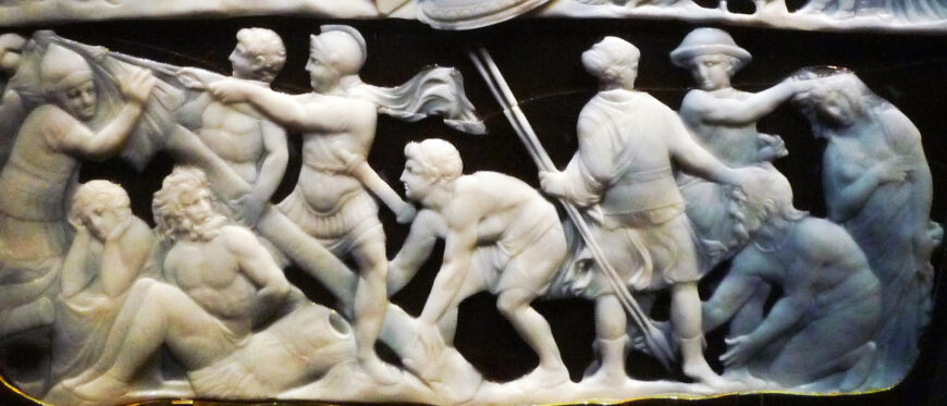 Dioskourides, Gemma Augustea, 9 – 12 C.E., 19 x 23 cm, double-layered sardonyx with gold, gold-plated silver (Kunsthistorisches Museum Vienna; photo: Steven Zucker, CC BY-NC-SA 2.0)