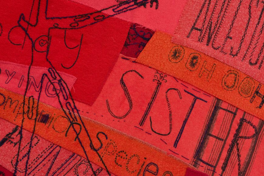 Marie Watt, Companion Species (Speech Bubble), 2019, reclaimed wool blankets, embroidery floss, and thread, 136 5/8 x 198 1/2 inches (Crystal Bridges Museum of American Art, Bentonville; photo: Edward C. Robison III) © Marie Watt