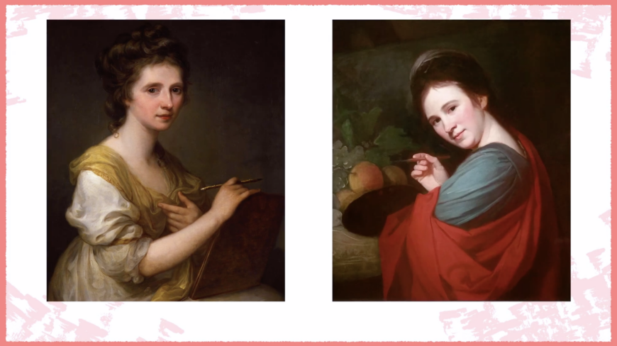 Left: Angelica Kauffman, <em>Self-Portrait</em>, 1770–75, oil on canvas, 73.7 x 61 cm (National Portrait Gallery, Washington, D.C.); right: George Romney, <em>Mary Moser</em>, 1770, oil on canvas, 76.3 x 64.2 cm (National Gallery, London)